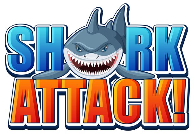 Bezpłatny wektor logo czcionki ataku rekina z kreskówkowym agresywnym rekinem