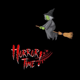 Logo czcionki halloween horror time z postacią z kreskówki czarownicy