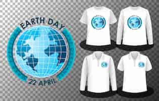 Bezpłatny wektor logo dnia ziemi z zestawem różnych koszul z ekranem logo dnia ziemi na koszulkach