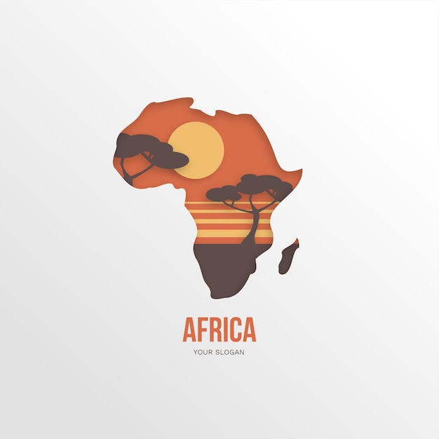 Bezpłatny wektor logo mapy afryki z drzewami o zachodzie słońca