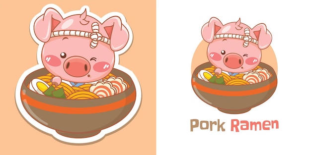 Logo maskotki szefa kuchni słodkiej świni z japońskim jedzeniem ramen