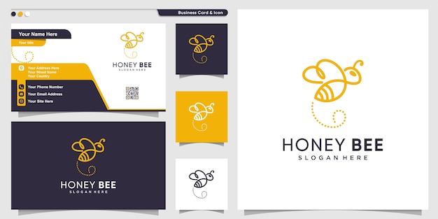 Logo pszczoły miodnej z nowoczesnym stylem grafiki liniowej i projektem wizytówki