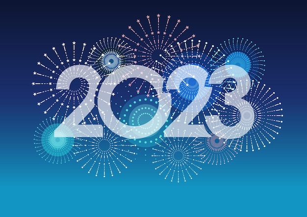 Bezpłatny wektor logo roku 2023 i fajerwerki na niebieskim tle ilustracji wektorowych