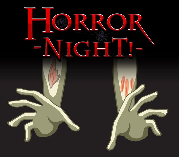 Bezpłatny wektor logo tekstowe horror night z trupimi rękami