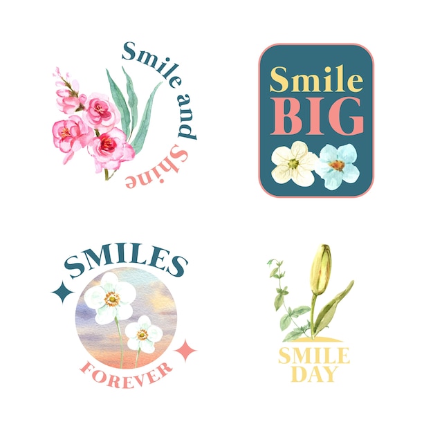 Logo Z Bukietem Kwiatów Dla Koncepcji światowego Dnia Uśmiechu Do Brandingu I Marketingu Ilustraion Wektor Akwarela.