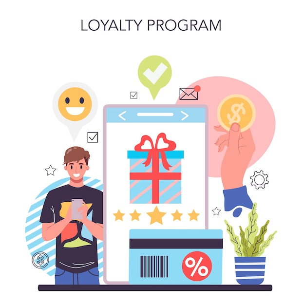 Bezpłatny wektor lojalność klienta online usługa lub platforma rozwój programu marketingowego dla utrzymania klienta idea komunikacji i relacji z klientami płaska ilustracja wektorowa