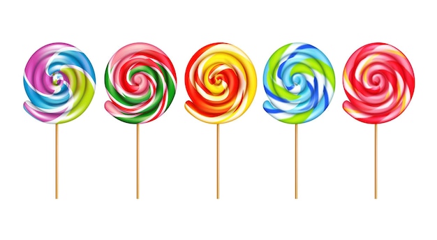 Lollypops realistyczny zestaw pięciu pasiastych słodkich cukierków w kolorach tęczy na białym tle ilustracji