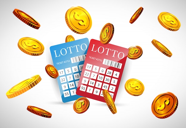Losy loteryjne i latające złote monety. Reklama biznesowa hazardu