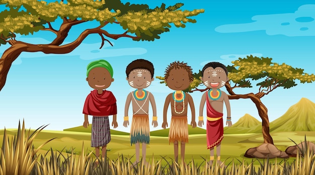 Ludność Etniczna Plemion Afrykańskich W Tradycyjnej Odzieży W Przyrodzie