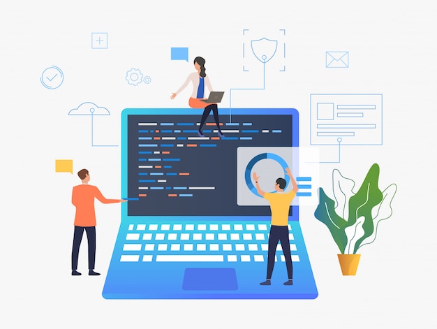 Bezpłatny wektor ludzie biznesu pracuje nad rozwojem laptopa