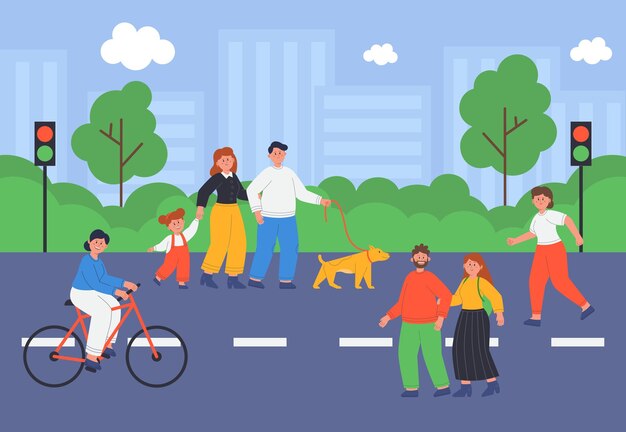 Ludzie chodzą wzdłuż ulicy płaskiej ilustracji wektorowych miasta. Kobieta rowerzysta jazda rowerem lub rowerem, rodzina z dzieckiem spaceru psem, kobieta działa. Park w tle. Aktywność na świeżym powietrzu, koncepcja miasta