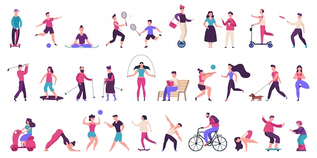 Ludzie na świeżym powietrzu. aktywny, zdrowy styl życia, jogging, bieganie, wrotki, rower i rolki ilustracji zestaw ikon. aktywność na świeżym powietrzu, siatkówka jogi i golf