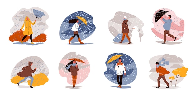 Ludzie spacerujący z parasolami pogodowymi zestaw izolowanych kompozycji z deszczowymi krajobrazami