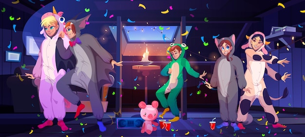 Bezpłatny wektor ludzie tańczą na piżamie party na strychu domu. ilustracja kreskówka wektor slumber party na poddaszu z postaciami w kigurumi, śmieszne piżamy jednorożca, żaby i krowy