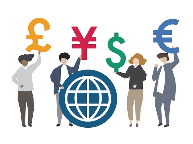 Bezpłatny wektor ludzie trzyma globalną waluta symbolu ilustrację