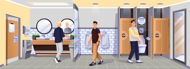 Bezpłatny wektor ludzie w toaletach publicznych toaleta dla mężczyzn wc z umywalkami lustra pisuary toalety z drzwiami suszarka do rąk ręczniki papierowe nowoczesne wnętrze wnętrza tło