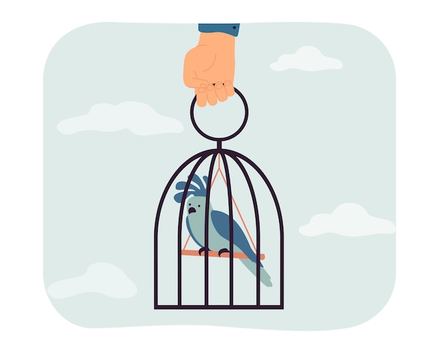 Bezpłatny wektor ludzka ręka trzyma starodawną klatkę ze smutnym ptakiem. przemoc człowieka zabierając ilustracja wektorowa płaskie wolności zwierząt domowych. koncepcja więzienia, wyzwolenia, nadużycia dla banera, projektu strony internetowej lub strony docelowej