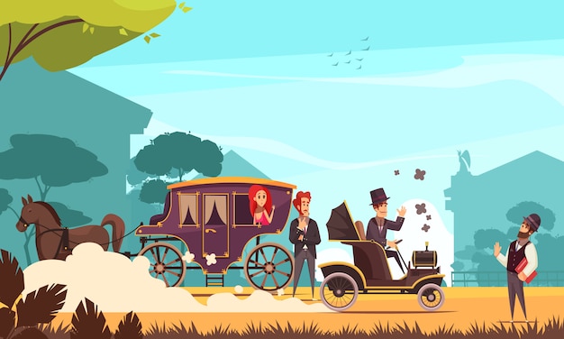 Ludzkie postacie i stary transport ziemi przewozu koni i starożytny samochód na silnik spalinowy kreskówki