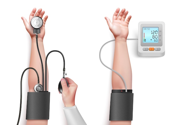 Bezpłatny wektor ludzkie ręce kontrolujące ciśnienie krwi za pomocą ręcznych i elektronicznych tonometrów realistyczna ilustracja izolowanego wektora