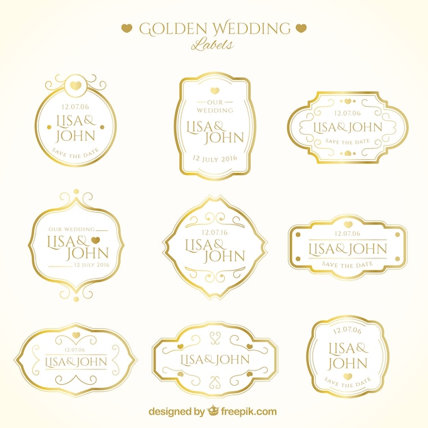 Bezpłatny wektor luksusowe złote etykiety ślubne