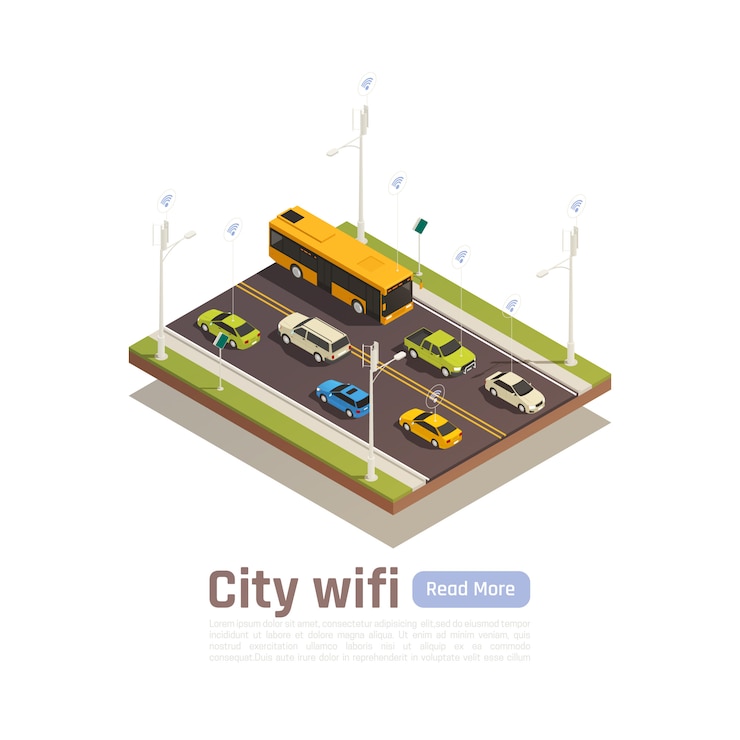 Bezpłatny plik Wektor mądrze miasta isometric sztandar z miast wi fi opisem i czyta więcej guzika wektoru ilustrację
