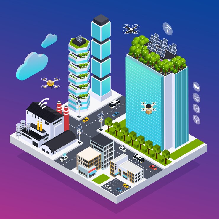 Bezpłatny plik Wektor mądrze miasto skład z eco technologią, isometric wektorowa ilustracja