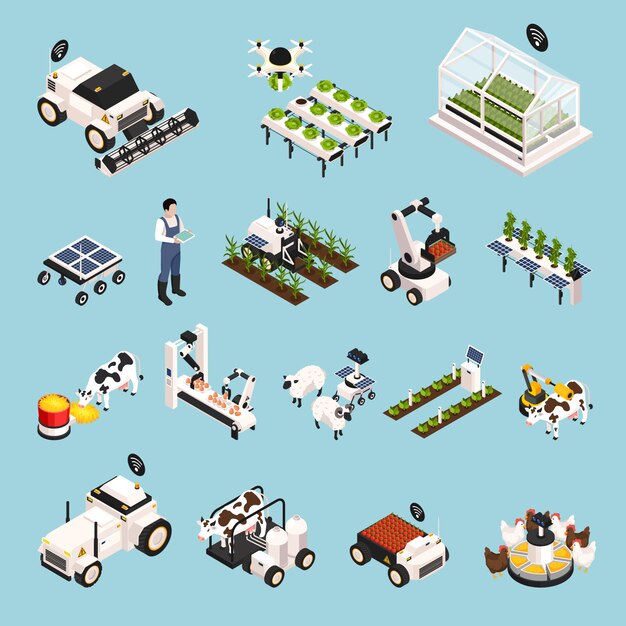 Mądrze rolny ustawiający z technologii isometric ikonami odizolowywał wektorową ilustrację