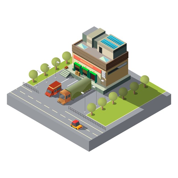 Magazyn z ładunków samochodami 3d isometric