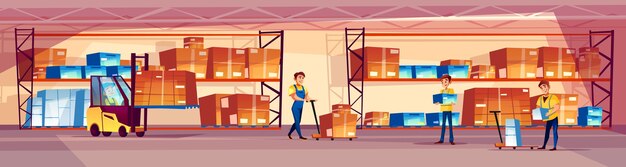 Magazynowi pracownicy ilustracyjni logistyka składowy pokój z towarami na półce