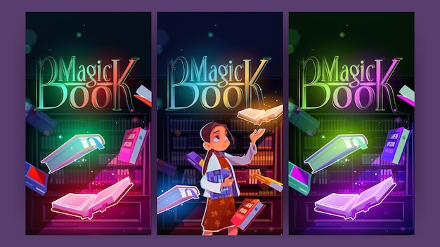 Magiczna książka plakaty z kreskówek dziewczyna w nocnej bibliotece