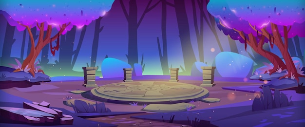 Bezpłatny wektor magiczny las z okrągłym kamiennym ołtarzem nocą