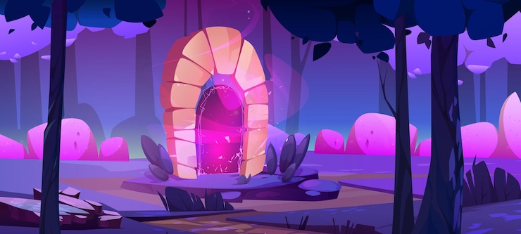 Bezpłatny plik Wektor magiczny portal w grze fantasy las kreskówka tło zaczarowane drzwi w krajobrazie ciemnego lasu tajemnicza ścieżka do bramy i przygody w bajkowej lokalizacji ilustracja tajemniczej nocy z drzewami i skałami