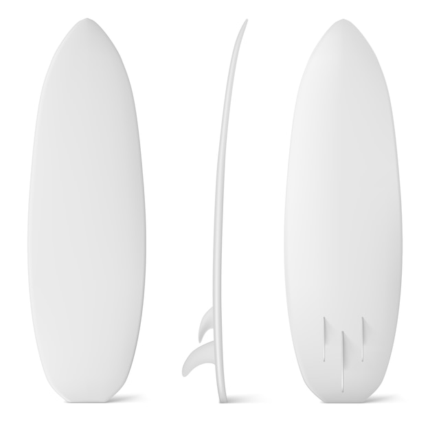 Makieta białej deski surfingowej, izolowana deska surfingowa z płetwami, profesjonalny sprzęt do sportów wodnych, podróży i wakacji lub ekstremalnej rekreacji w morzu