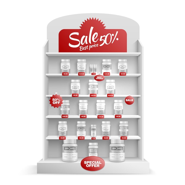 Bezpłatny wektor makieta produktów farmaceutycznych oferta specjalna realistyczny stojak z ilustracją wektorową opakowań witamin