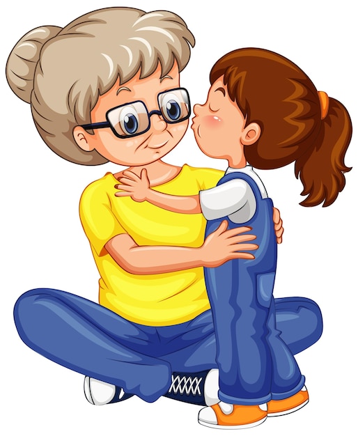 Bezpłatny wektor mała dziewczynka całuje babcię na białym tle