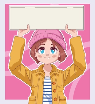 Mała dziewczynka komiks manga na sobie kapelusz podnoszący ilustracja transparent protestu