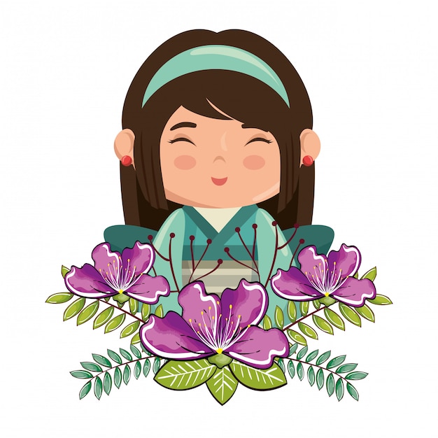 Bezpłatny wektor mała japońska dziewczyna kawaii z kwiatami