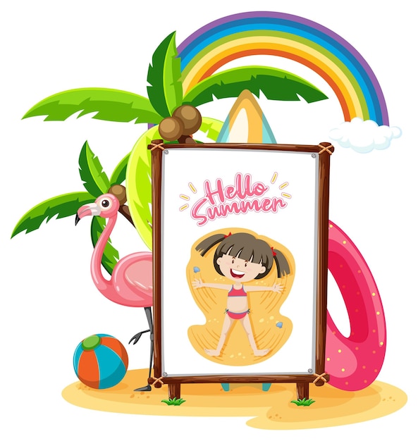 Bezpłatny wektor małe logo dziewczynki na banerze w izolowanej scenie plaży