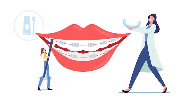 Bezpłatny wektor małe postacie lekarzy dentystów instalują aparaty ortodontyczne na dużych zębach pacjentów, leczenie ortodontyczne