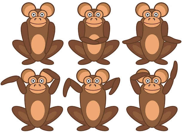 Małpy siedzące w różnych pozach obraz wektorowy