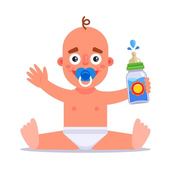 Maluch trzyma butelkę z jedzeniem. ilustracja wektorowa płaskie.