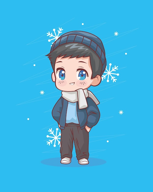Bezpłatny wektor mały chłopiec anime w zimowych ubraniach