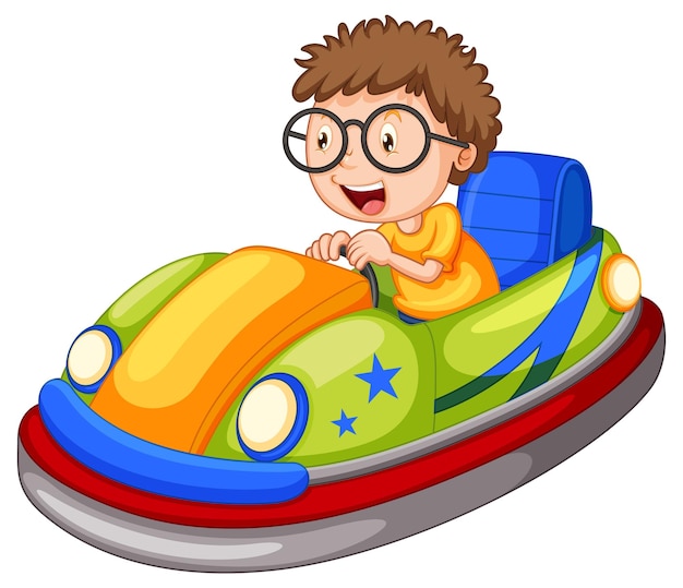 Bezpłatny wektor mały chłopiec jeżdżący samochodzikiem w stylu kreskówki