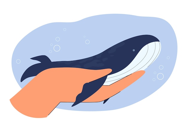 Bezpłatny wektor mały wieloryb na ludzkiej dłoni płaskiej ilustracji wektorowych