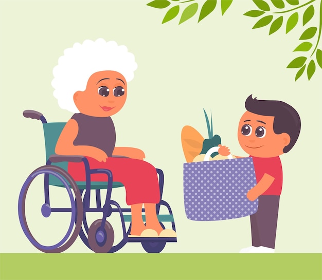 Mały wnuk przyniósł babci jedzenie na wózku inwalidzkim