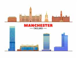 Bezpłatny wektor manchester anglia główne zabytki na białym tle ilustracja wektorowa koncepcja podróży biznesowych i turystyki z nowoczesnymi budynkami obraz na baner lub stronę internetową