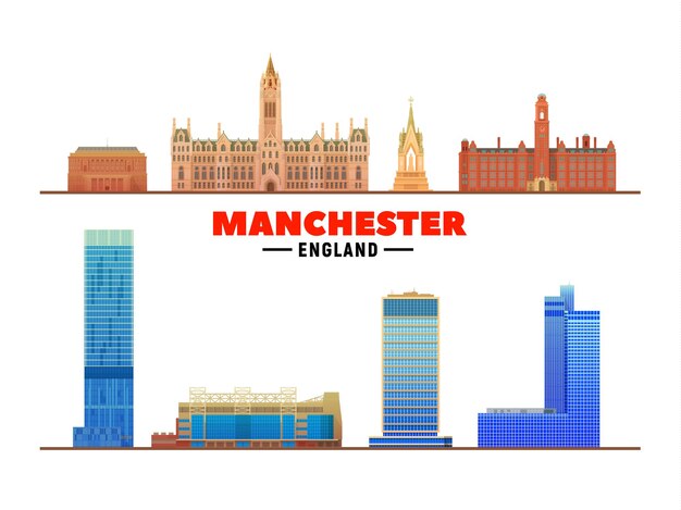 Manchester Anglia główne zabytki na białym tle Ilustracja wektorowa Koncepcja podróży biznesowych i turystyki z nowoczesnymi budynkami Obraz na baner lub stronę internetową