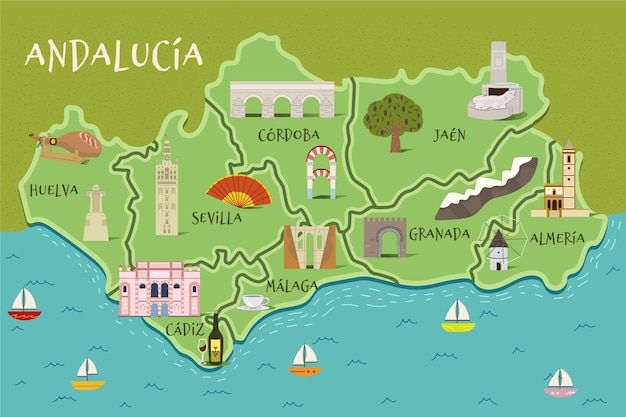 Bezpłatny wektor mapa andaluzji z zabytkami