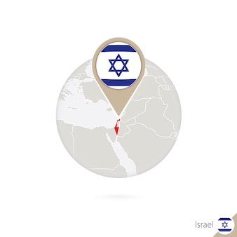 Mapa izraela i flaga w koło. mapa izraela, pin flaga izraela. mapa izraela w stylu kuli ziemskiej. ilustracja wektorowa.