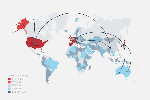 Bezpłatny wektor mapa koronawirusów rozprzestrzenia się na całym świecie